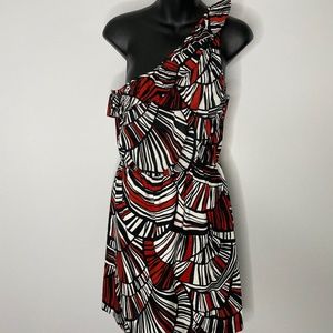 Trina Turk Black White Red Abstract Print One Shoulder Dress Size 6 USA